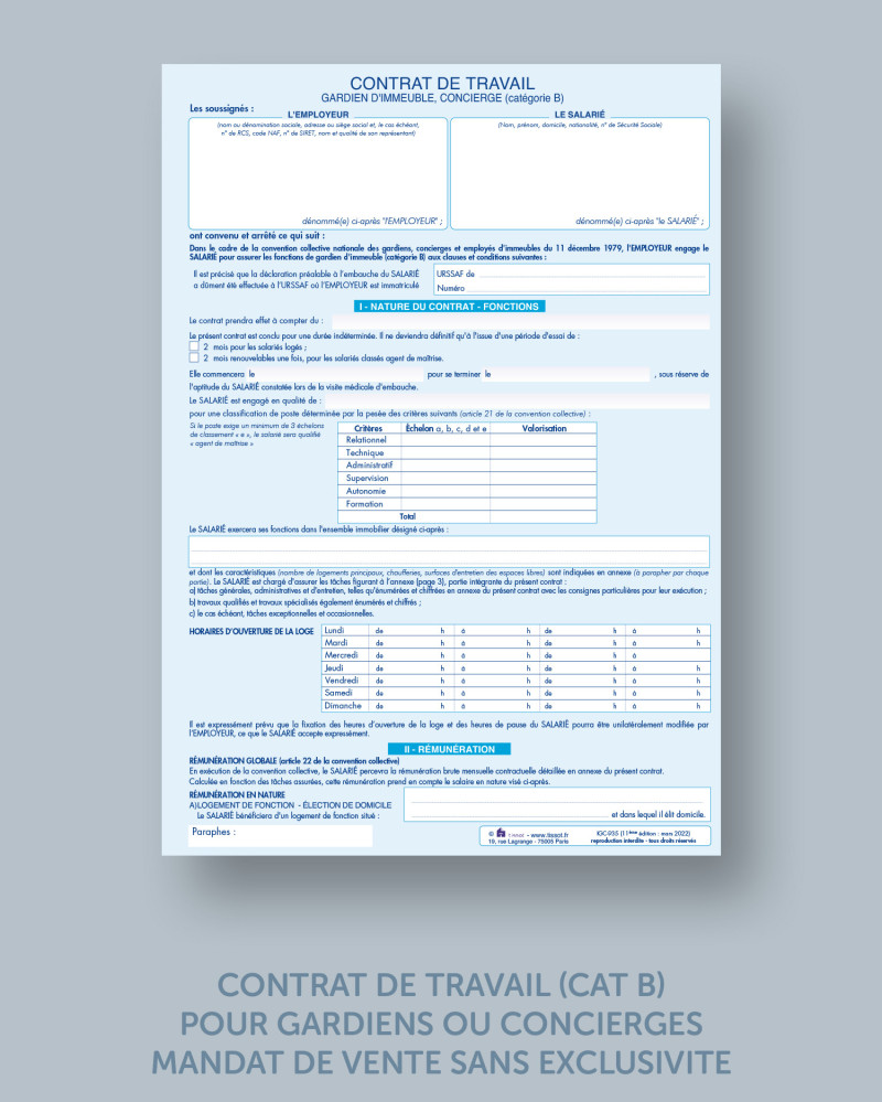 CONTRAT DE TRAVAIL (CAT B) pour gardiens ou concierges