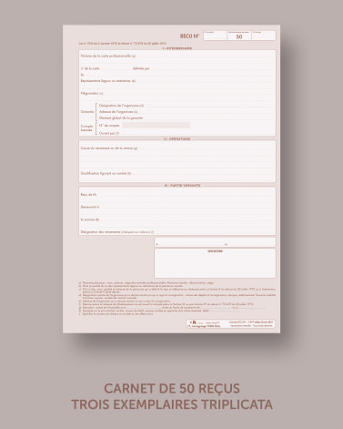 Carnet de 50 reçus Trois exemplaires triplicata