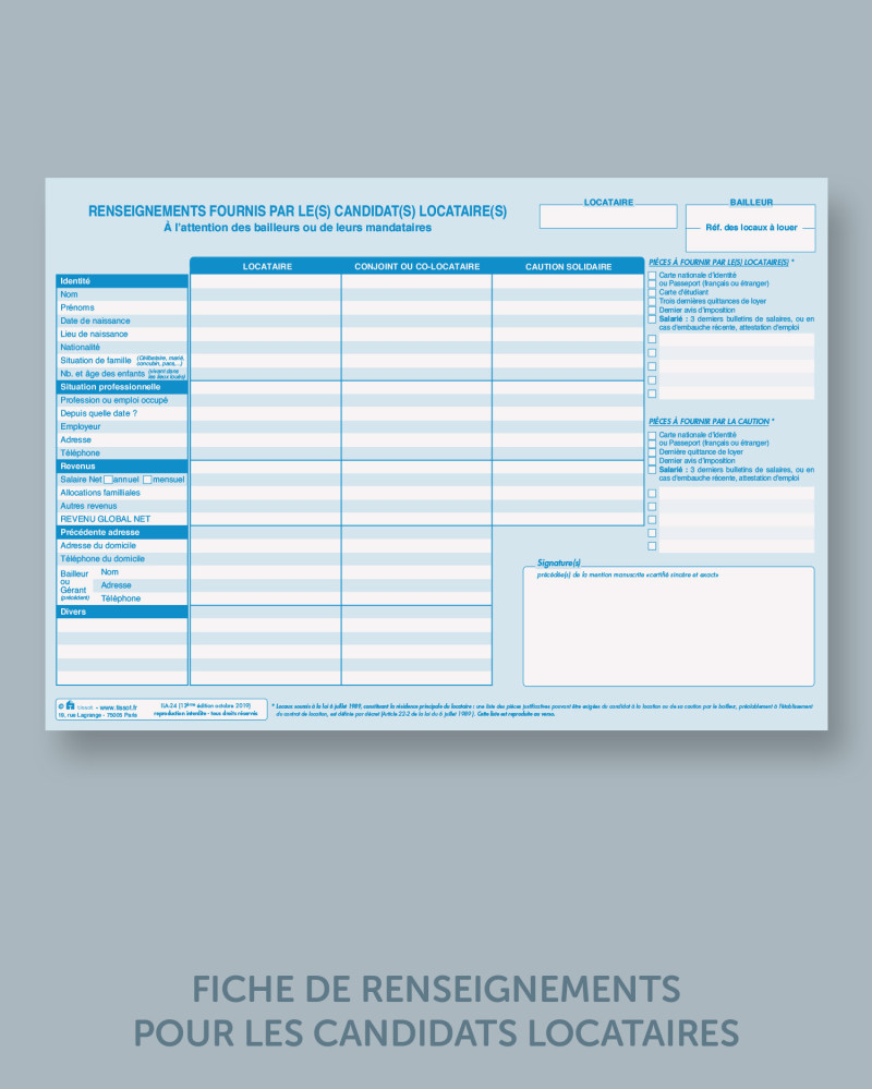 RENSEIGNEMENTS FOURNIS PAR LE CANDIDAT LOCATAIRE - lot de 25